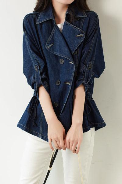 Lapel Collar Drawstring Denim Jacket