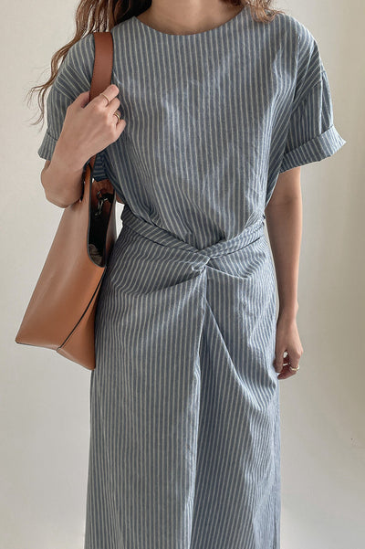 Cross Belt Back Slit Long Stripe Dress