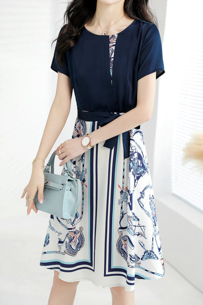 Round Neck Illusory Print Color-Blocked Belted Dress