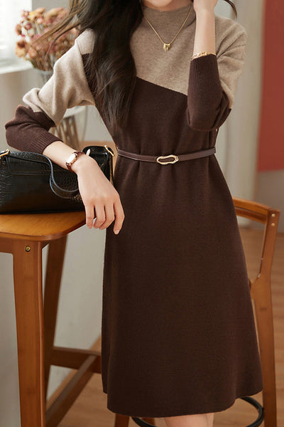 Bottle Neck Bi-Color Belted Knit Dress - 2 Colors Available