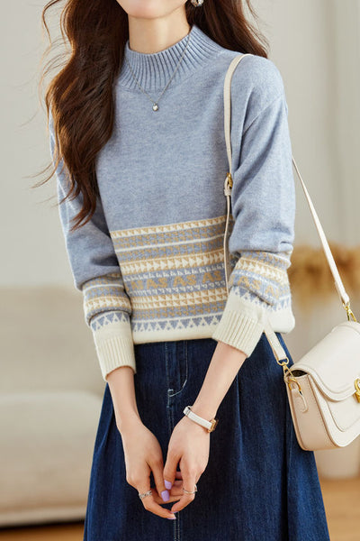 Slouchy Half-High Neck Color-Block Knit Top