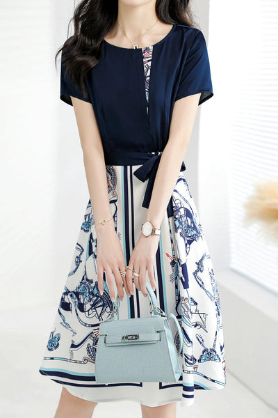 Round Neck Illusory Print Color-Blocked Belted Dress