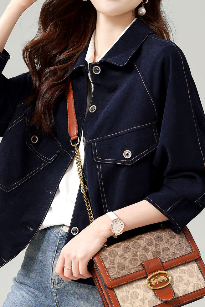 Fashionable Folded Collar Denim Jacket