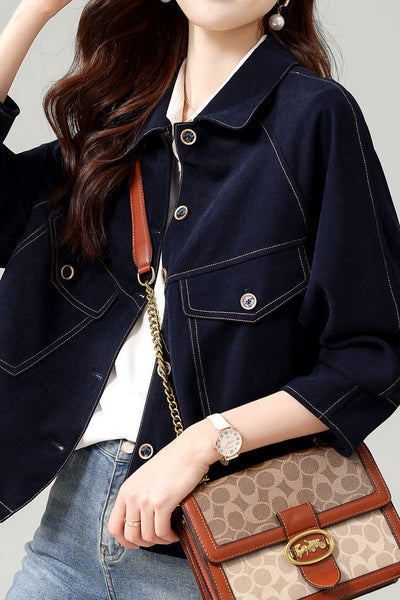 Fashionable Folded Collar Denim Jacket