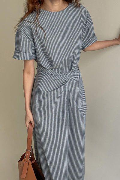 Cross Belt Back Slit Long Stripe Dress
