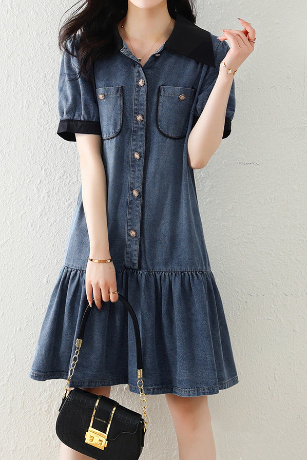 Mixed Material Barrymore Color Prairie Denim Dress