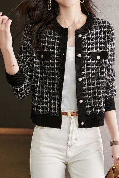 Early Autumn Plaid Textured Knit Cardigan