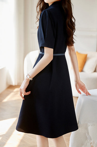 Shirt Collar Belted Waffle Dress