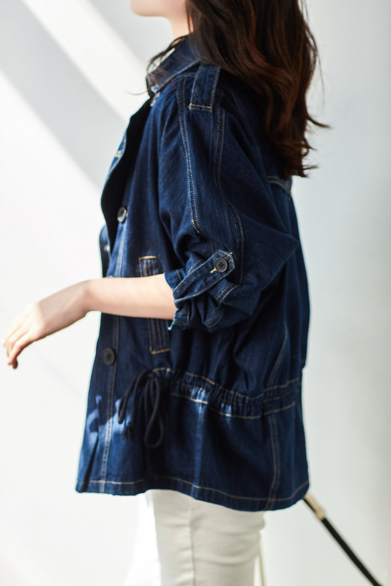 Lapel Collar Drawstring Denim Jacket