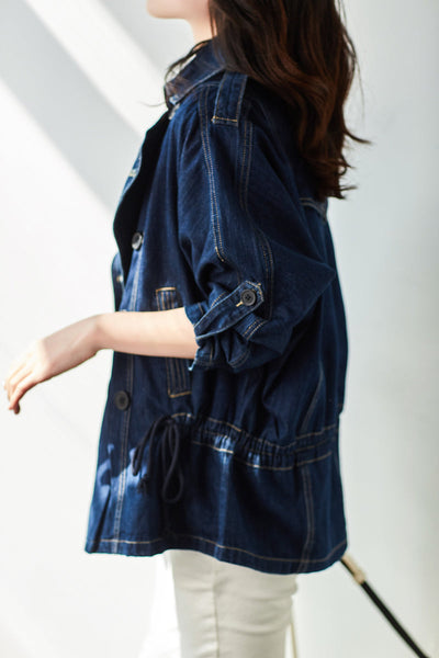 Lapel Collar Drawstring Denim Jacket