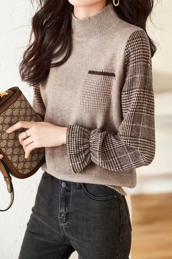 High Neck Houndstooth Contrast Knit Top - 3 Colors Available