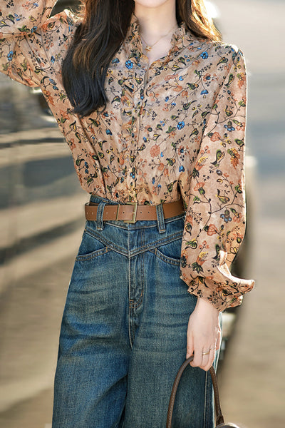 Ruffle Collar Floral Feminine Long Sleeve Blouse
