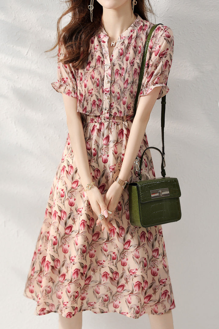 Pleated Docking Chiffon Dress with Lining