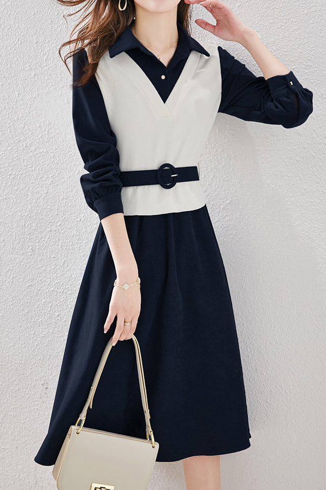 Layered Look Polo Collar Buckle Belted Dress - 3 Colors Available