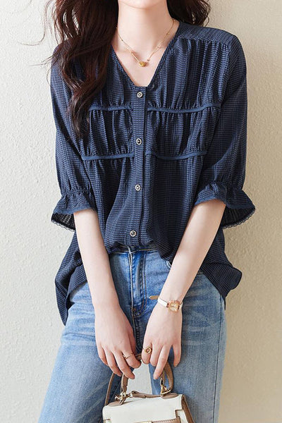 V-neck Piping Contrast Check Gathered Blouse