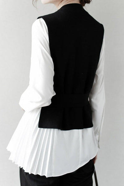 Stylish Knit Vest & White Shirt Layered Two-Piece Set