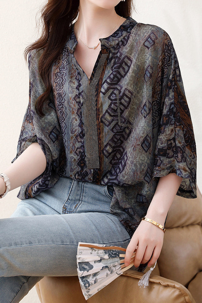 Skipper Collar Rhinestone Decor Printed Tunic