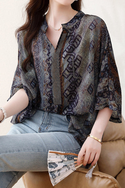 Skipper Collar Rhinestone Decor Printed Tunic