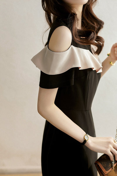 Asymmetrical Open Shoulder Frill Contrast Dress