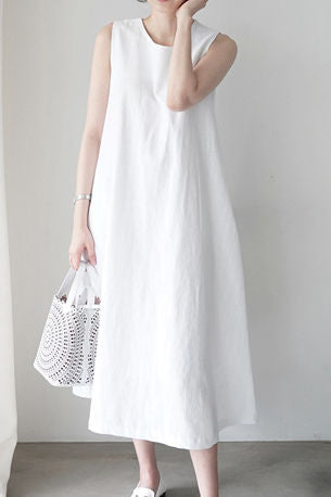 Round neck sleeveless linen vest A-line long dress