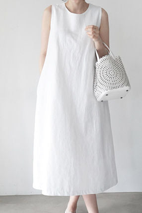 Round neck sleeveless linen vest A-line long dress
