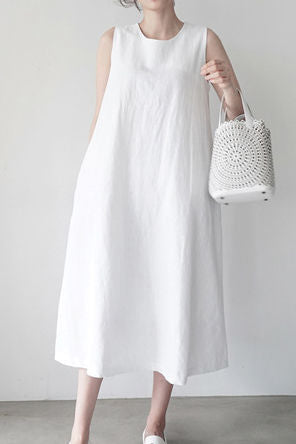 Round neck sleeveless linen vest A-line long dress