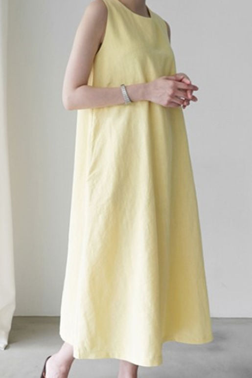 Round neck sleeveless linen vest A-line long dress