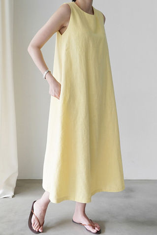 Round neck sleeveless linen vest A-line long dress