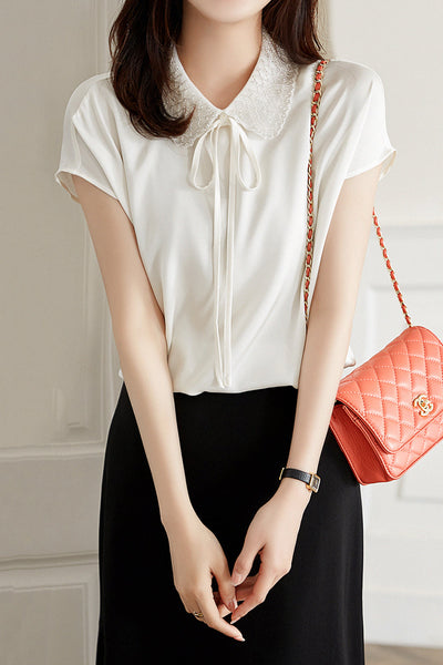Double Flat Collar Ribbon Tie Blouse - 2 Colors Available