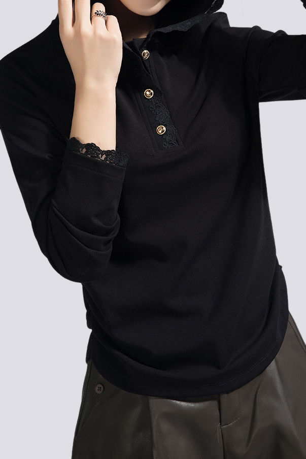 Casual Lace Long-Sleeve Edge Hooded T-Shirt