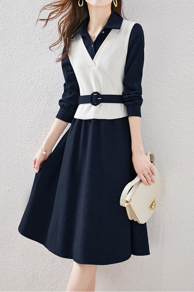 Layered Look Polo Collar Buckle Belted Dress - 3 Colors Available