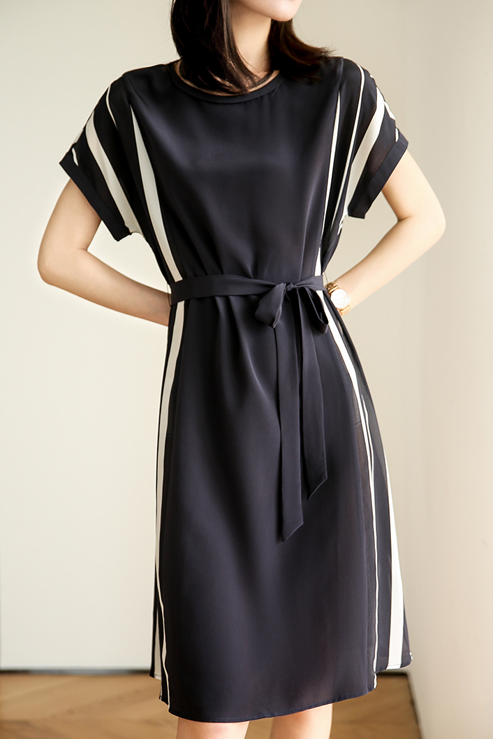 Elegant Side Stripe Belted Dress
