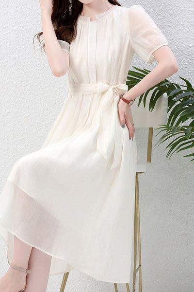 Nail Color Pintuck Belted Long Dress with Lining - 3 Colors Available