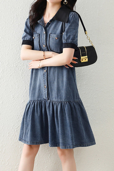 Mixed Material Barrymore Color Prairie Denim Dress