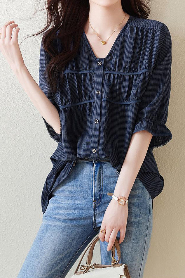 V-neck Piping Contrast Check Gathered Blouse
