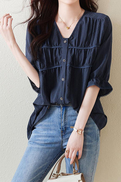 V-neck Piping Contrast Check Gathered Blouse