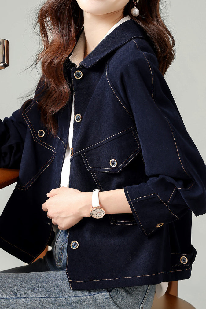 Fashionable Folded Collar Denim Jacket