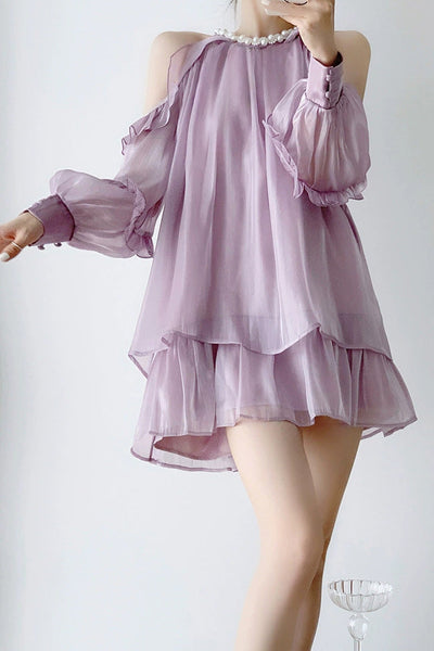 Off-shoulder halter neck dress with pearl decoration