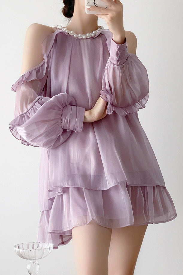 Off-shoulder halter neck dress with pearl decoration