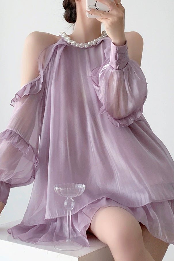 Off-shoulder halter neck dress with pearl decoration
