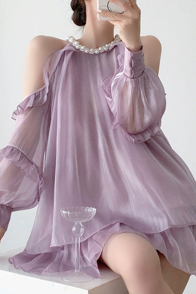 Off-shoulder halter neck dress with pearl decoration