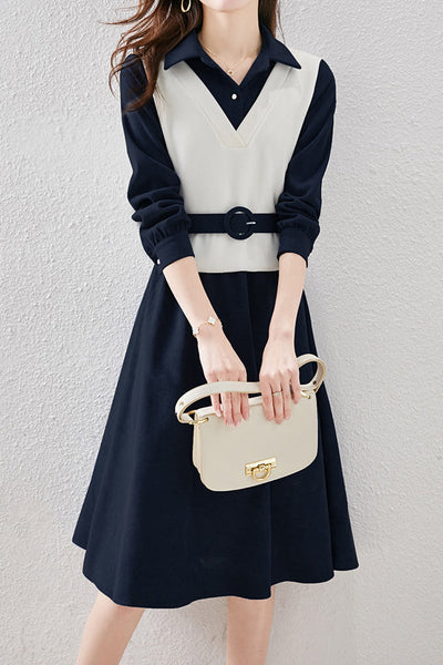 Layered Look Polo Collar Buckle Belted Dress - 3 Colors Available