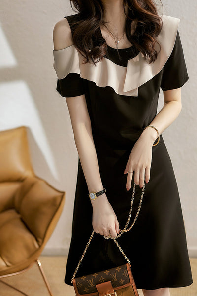 Asymmetrical Open Shoulder Frill Contrast Dress