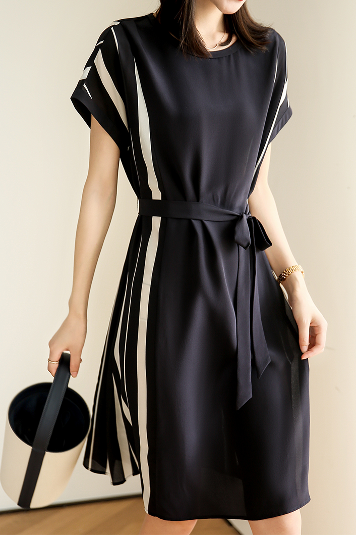 Elegant Side Stripe Belted Dress