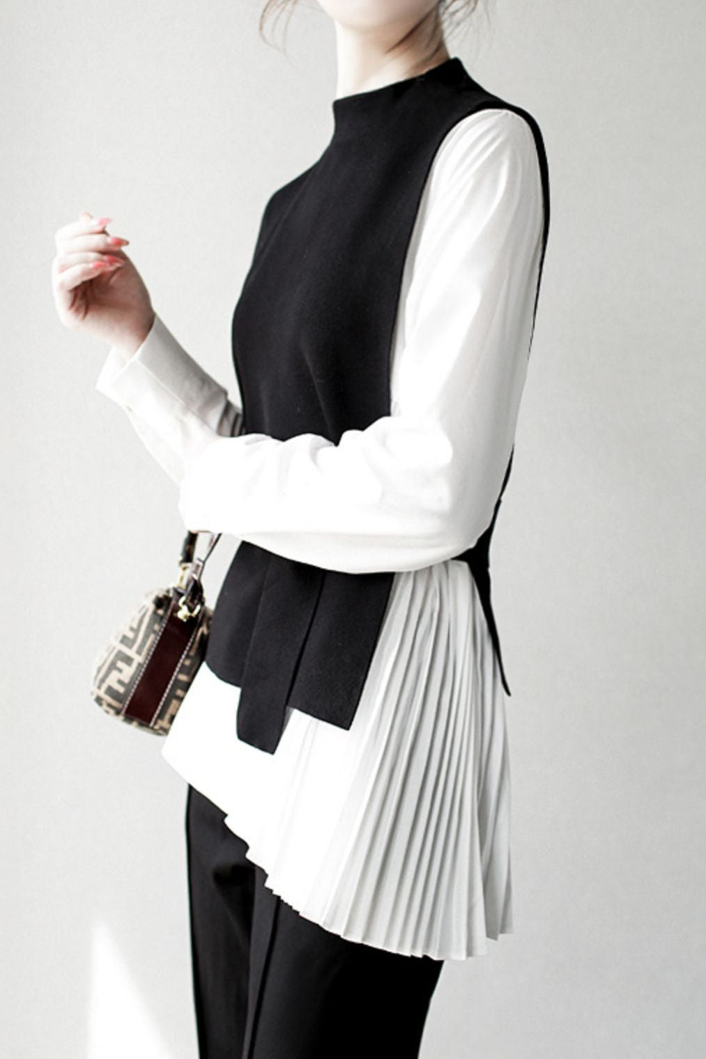 Stylish Knit Vest & White Shirt Layered Two-Piece Set
