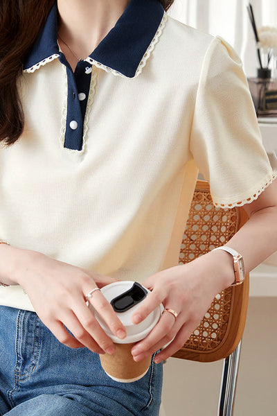 Polo Collar Lace Decor Tuck Sleeve Shirt