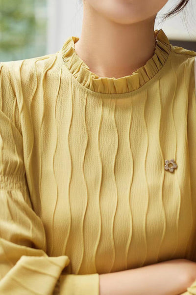 Ruffled Collar Flower Brooch Decor Striped Blouse - 3 Colors Available