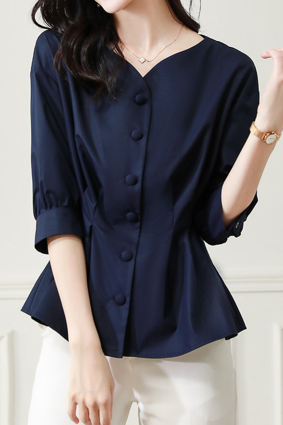 Elegant Office Seven-Sleeve Waist-Slimming Pleated Shirt