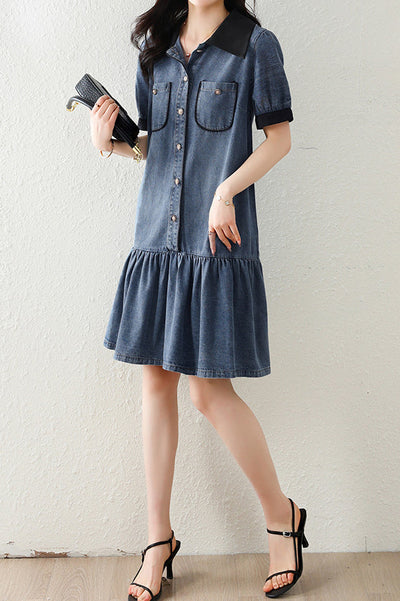 Mixed Material Barrymore Color Prairie Denim Dress