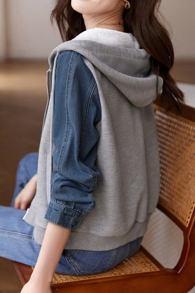Hooded Zip-Up Denim Contrast Jacket